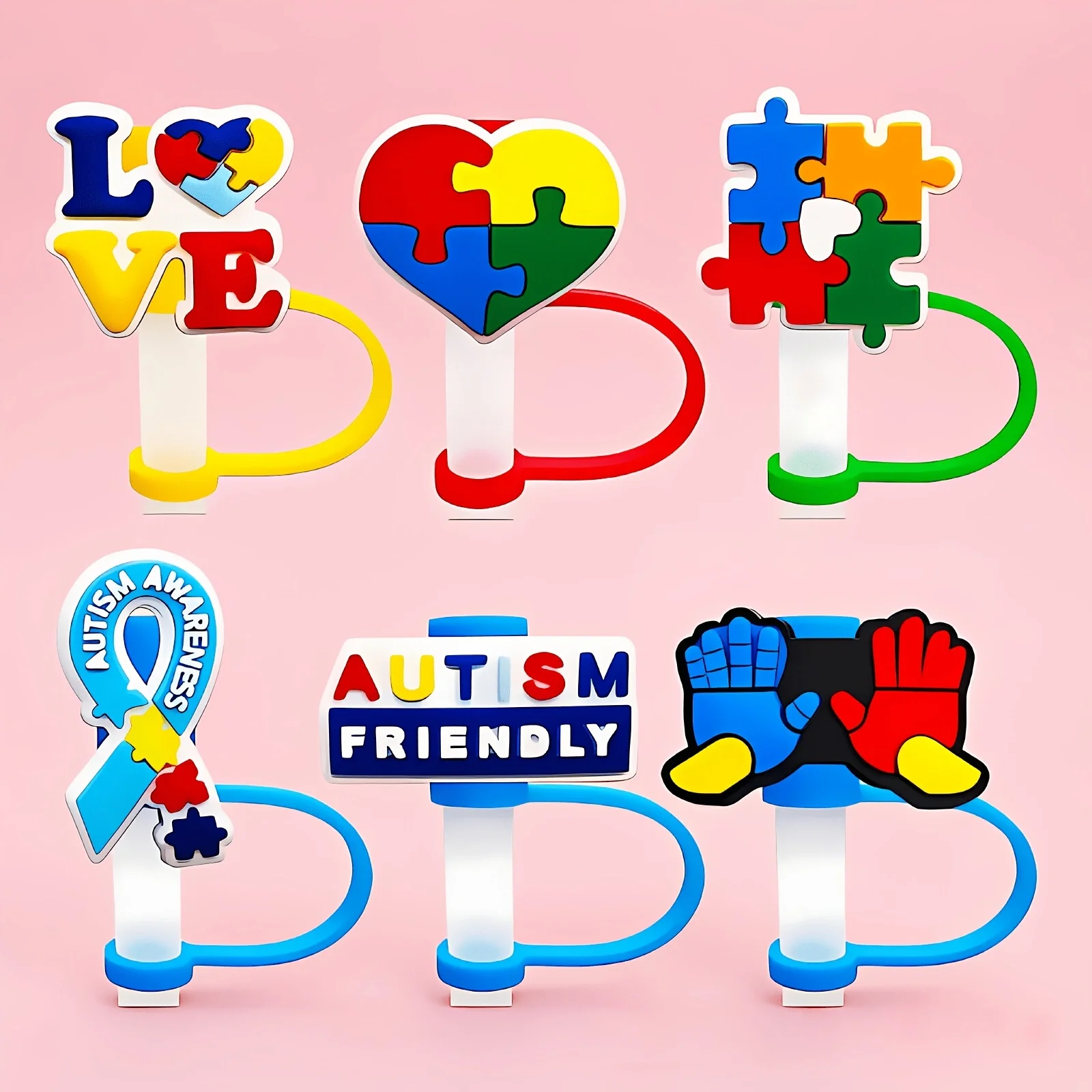 6pcs Autism Awareness Straw Cover Fits Tumbler Cup for Cup, Straw Topper Lids Accessories Acc, Reusable Straw Head Protective Cover for 10mm/0.4 Inches Diameter Straw