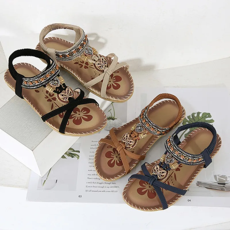 Women Sandals Summer New Fashion Bohemian Non Slip Rhinestone Beads Breathable Casual Open Toe Beach Sandals for Women