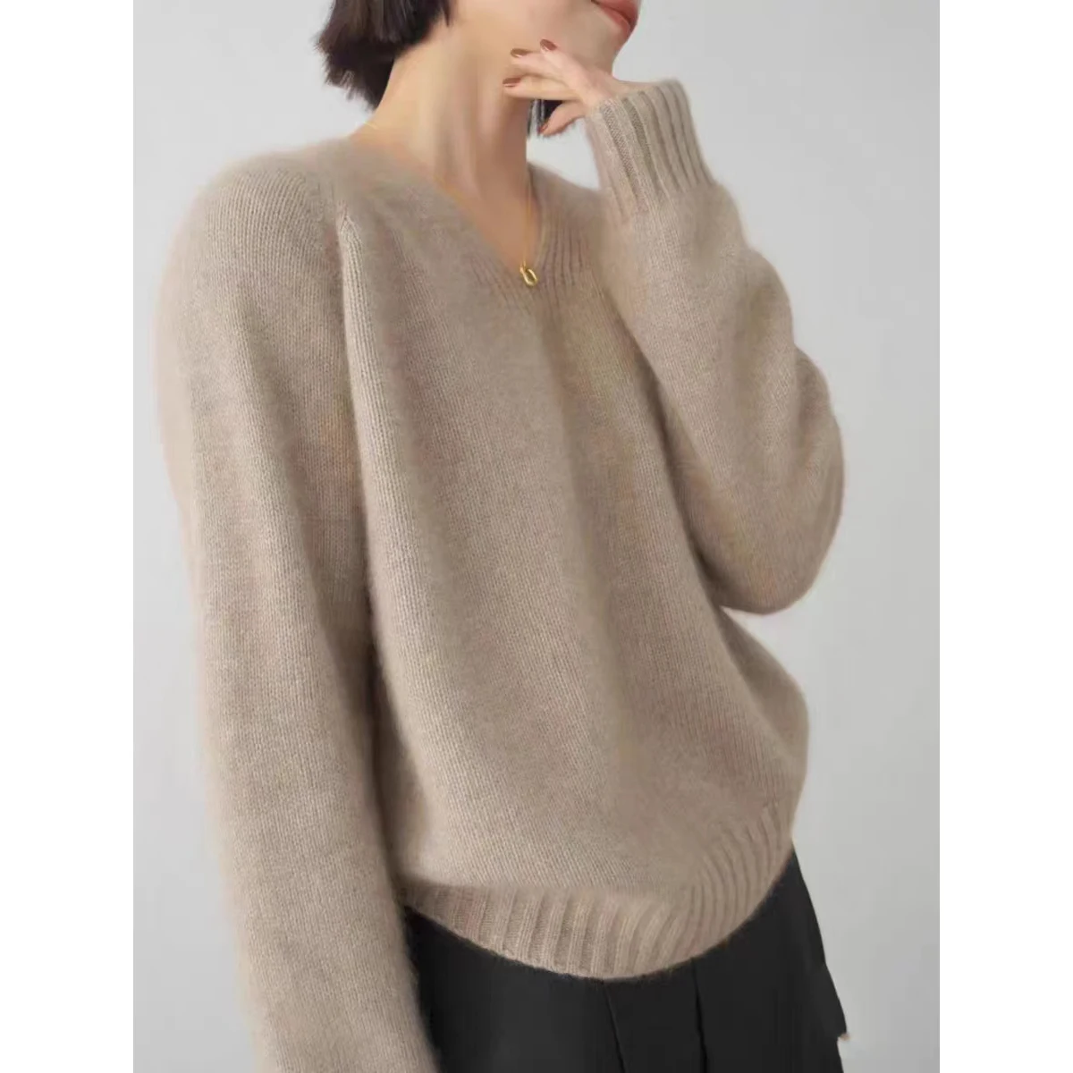 Pure Mountain Cashmere Sweater for Female, V-Neck, Loose Lazy Pullover, Long Sleeve Wool Knitted, Bottoming Sweater, New, Autumn