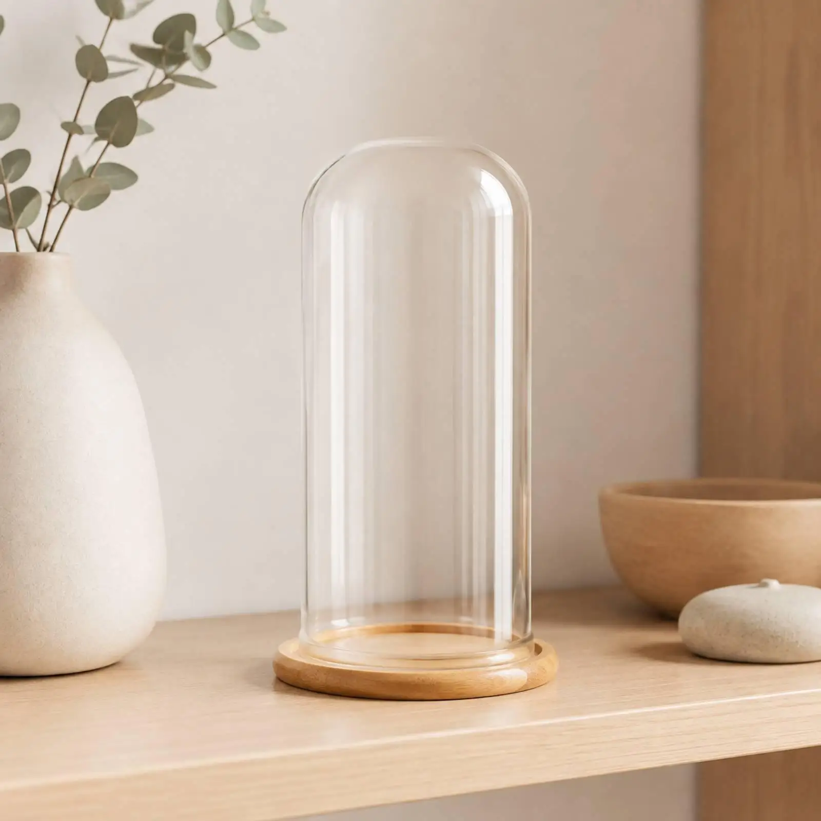 Clear Cloche Display Dome with Bamboo Base for Preserved Flowers Craft Ornaments Shelf