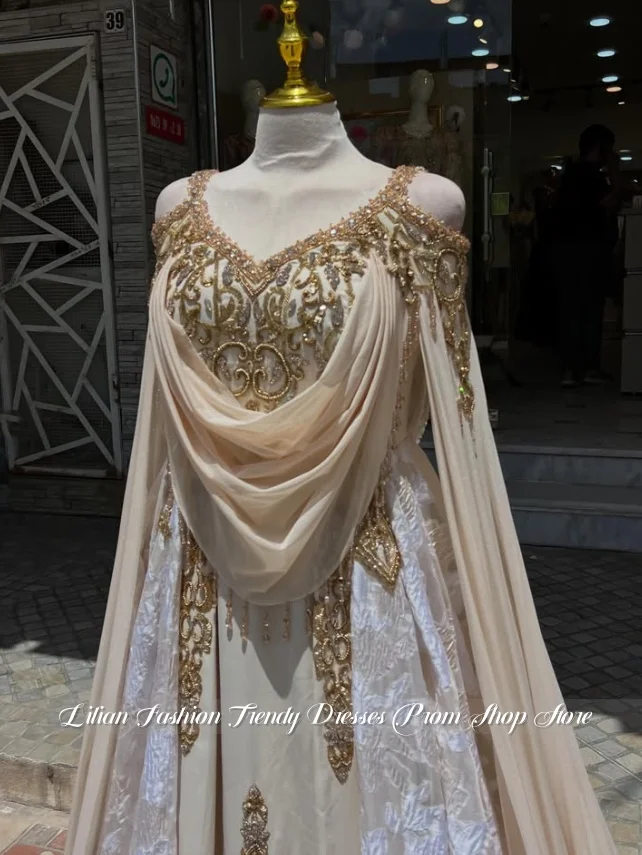 Champagne Gold Elaborately Moroccan Wedding Gown Luxurious Beaded Arabic Bridal Gown Customized Traditional Algerian Dress 2026