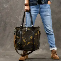 Top Retro thick oil wax canvas men's single shoulder slung tote bag camouflage large capacity handbag