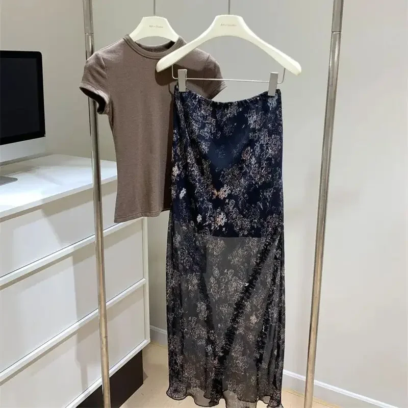 ฤดูร้อนใหม่กระโปรงชีฟองผู้หญิงแฟชั่นดอกไม้พิมพ์ Elastic High เอว Ruffles A-Line กระโปรงลําลอง Retro วันหยุดชายหาด Jupe