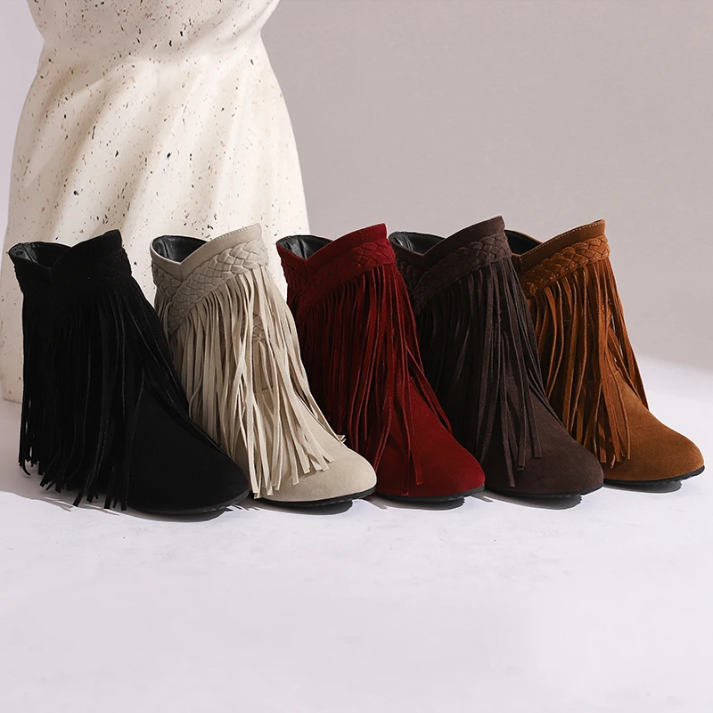 Bohemian Gypsy Boho Ethnic National Women Tassel Fringe Faux Suede Inner Increased Ankle Boots Girls Flat Shoes Short Booties 45