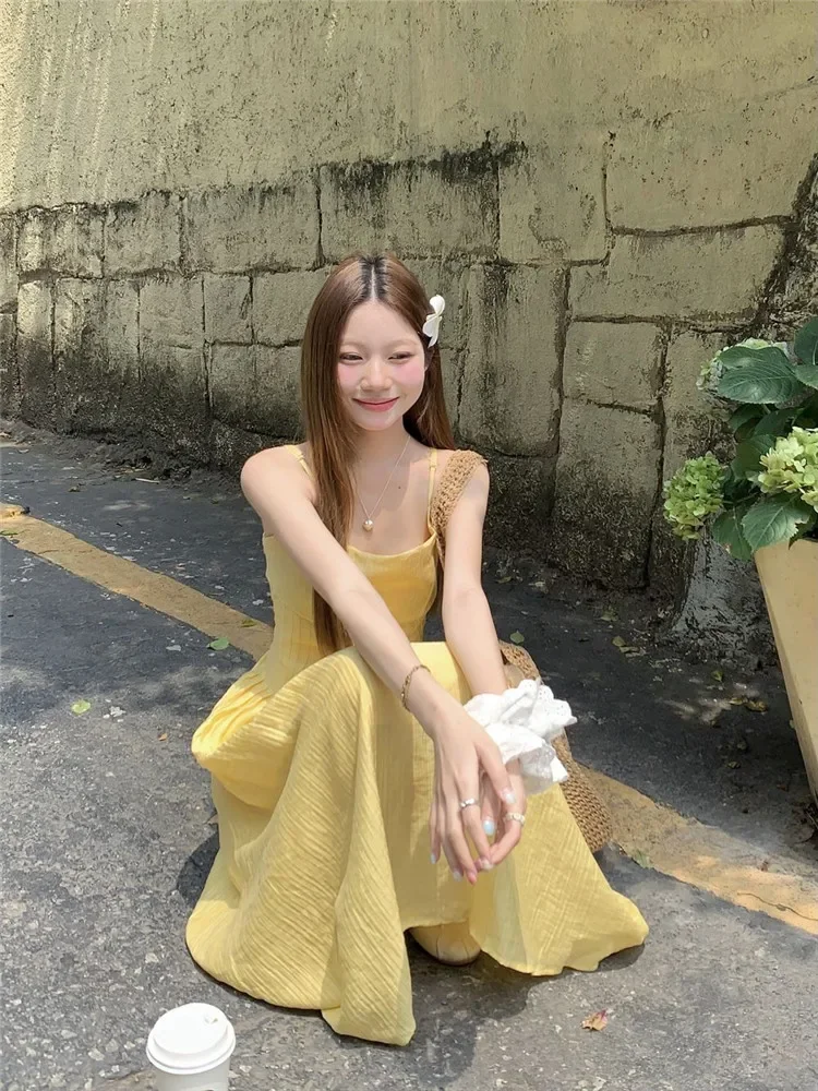 Fashion Summer Holiday Yellow Long Strap Dress Women New Boho Style Backless Beach Dress Seaside Fairy Slim A-line Photo Dress