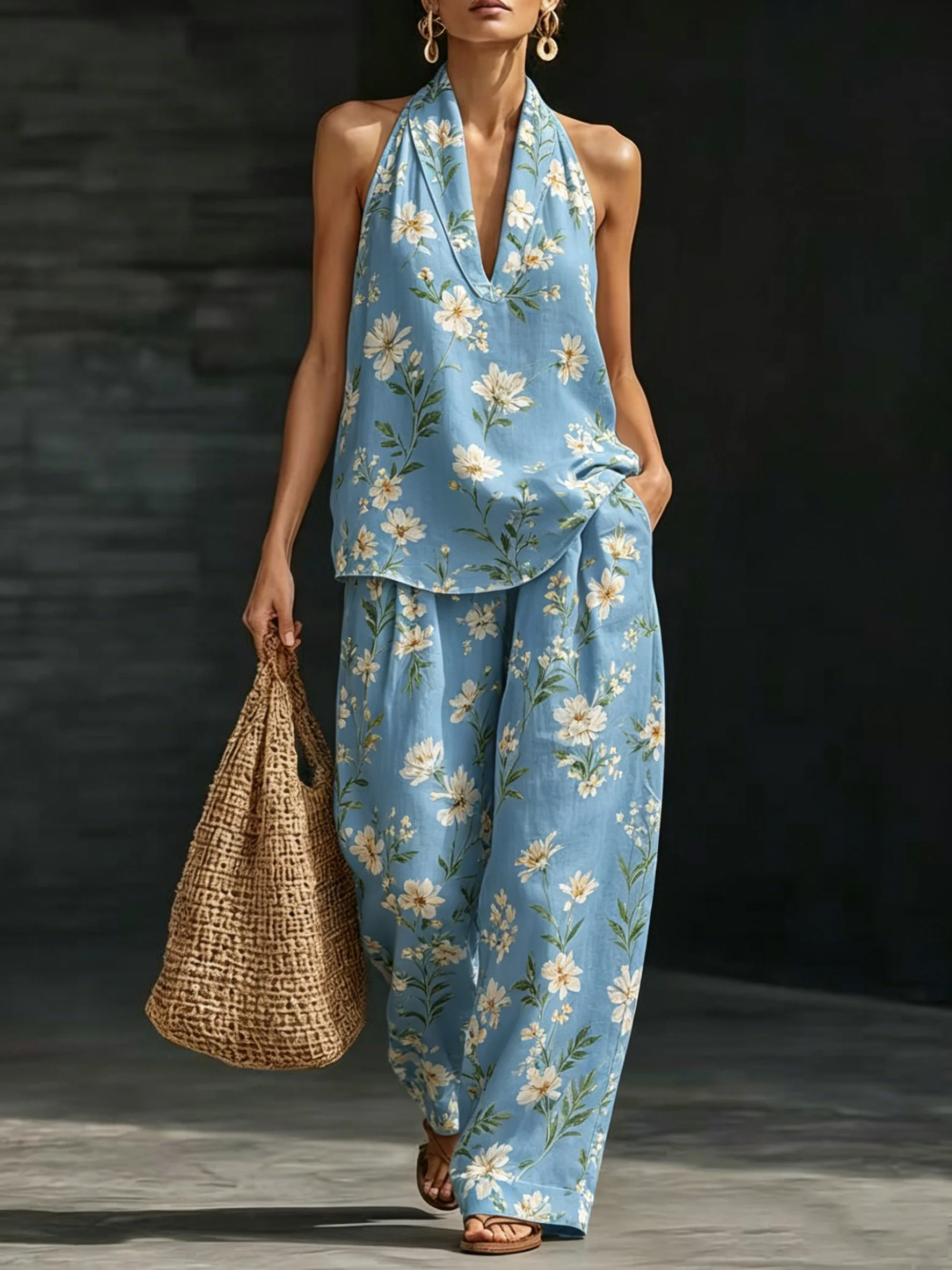 

Women's Trendy Summer 2 Piece Set for Women V Neck Halter Tank Top with Floral Print & Striped Loose Pants Casual Wear Clothing
