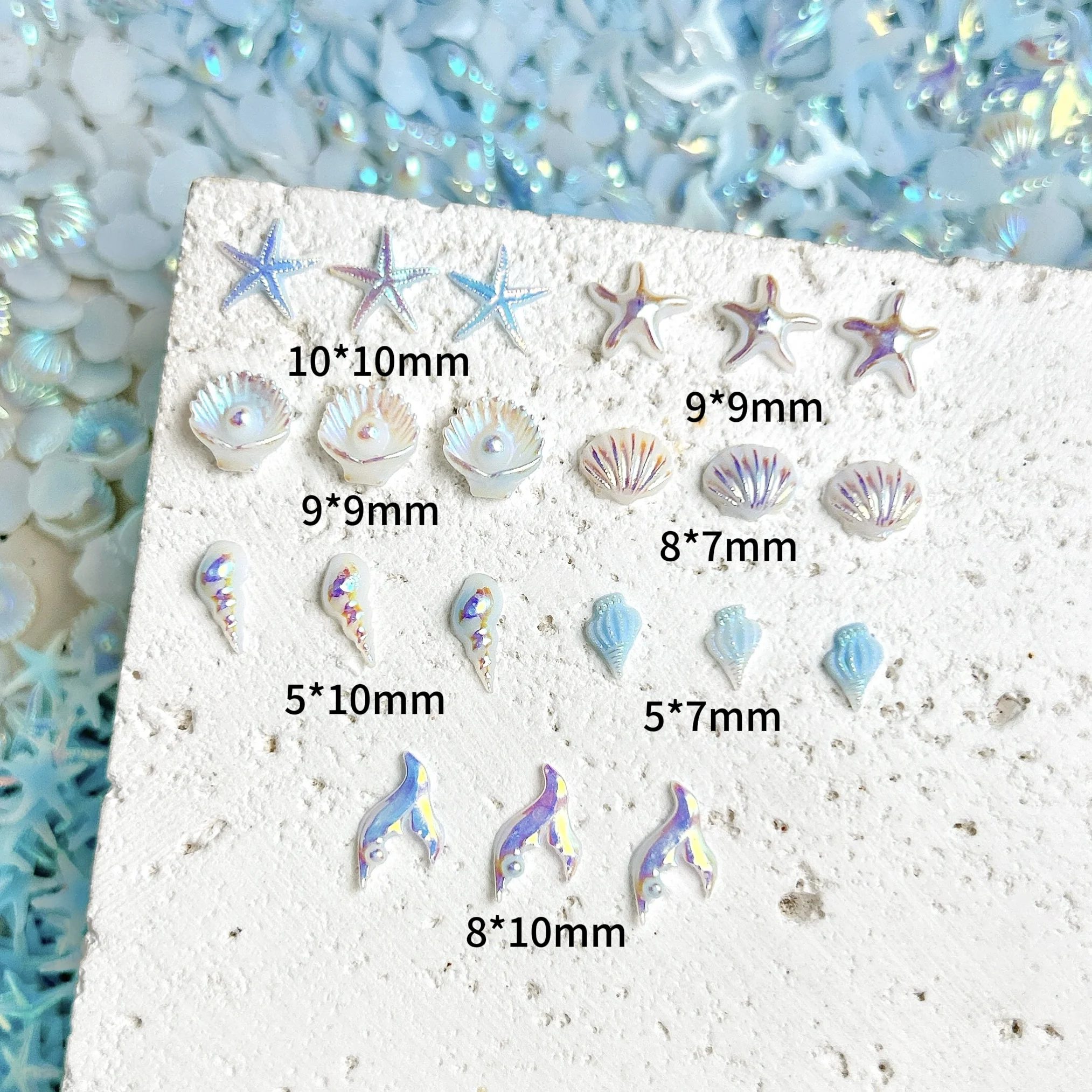 30PCS 3D Tricolors Creative Ocean Series Resin Nail Charms Simulated Gradient Fish Tail Conch Starfish Nail Art Decorations DIY