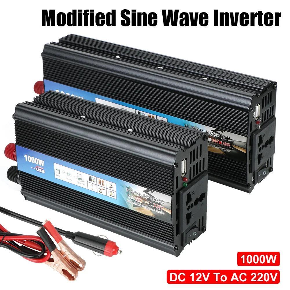 

DC 12V To AC 220V 1000W Inverter Storage Battery Converter 1+1 AC Power Socket USB Charger Car Inverter Cable Adapter Universal