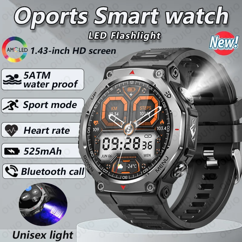 

2025 Новый супер легкий светодиодный фонарик Смарт-часы для мужчин 5ATM Водонепроницаемые 1,43 дюйма AMOLED фиолетовый свет музыка Bluetooth Call Smartwatch