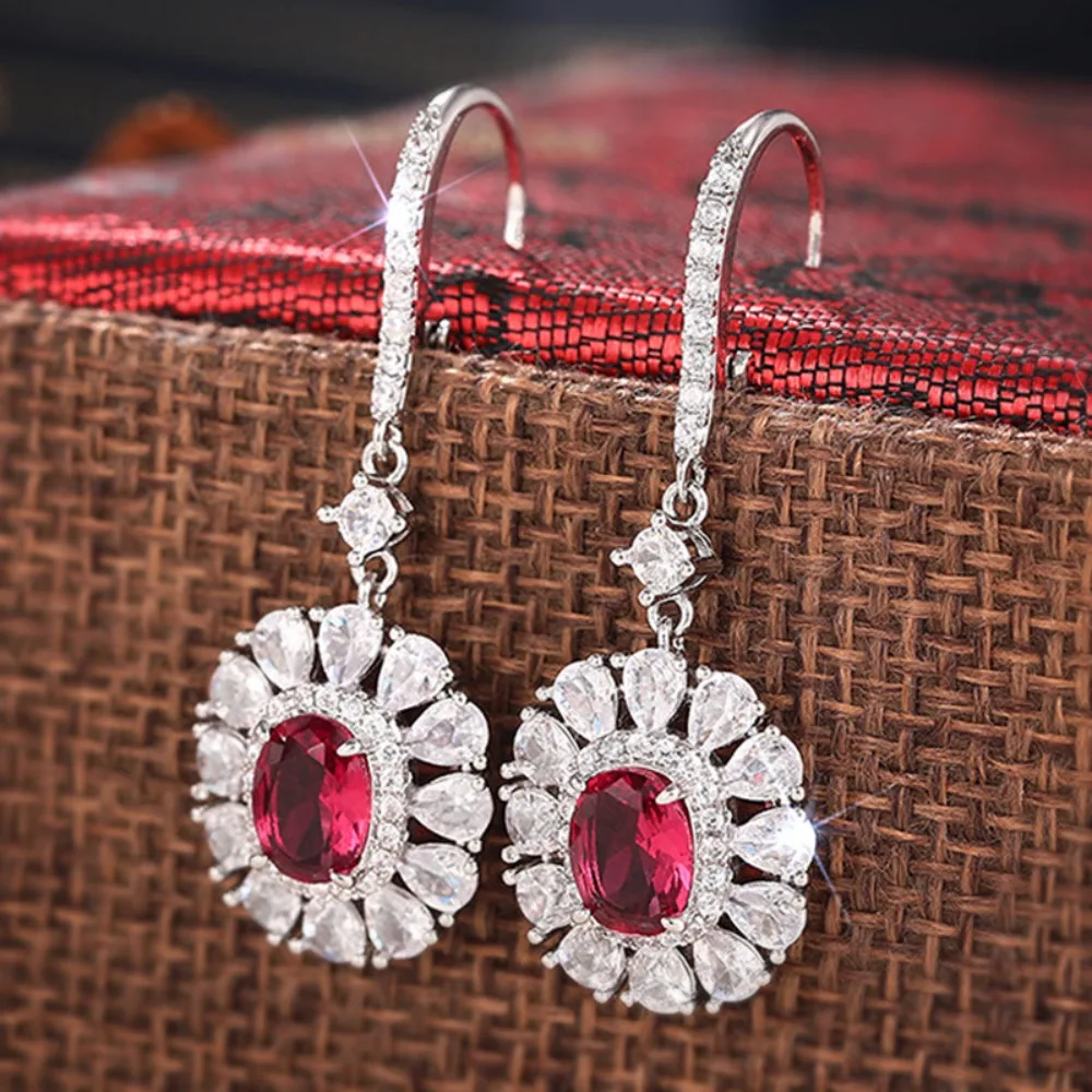 Retro Royal Sunflower Oval Red 5A Zircon Drop Hoop Earrings Pear Crystal Halo Leverback Dangle Earrings for Women Luxury Jewelry