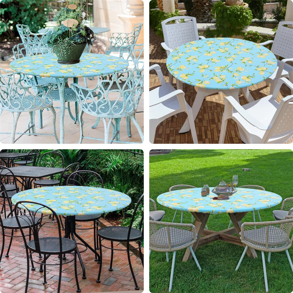 Kitinjoy Elastic Round Table Cloth Fitted Flannel Backed Vinyl Tablecloth Waterproof Wipeable Dining Table Covers For Camping