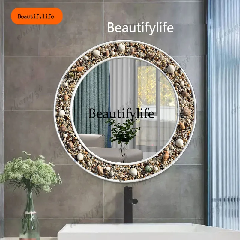 B456 New European Mediterranean style, natural colored stone shell inlaid with round washtable mirror