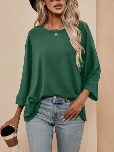 Imagen 1 del producto S-2XL de mujer a la moda primavera otoño Color sólido manga murciélago Camiseta de manga larga señoras Casual Camiseta con cuello redondo Tops sueltos