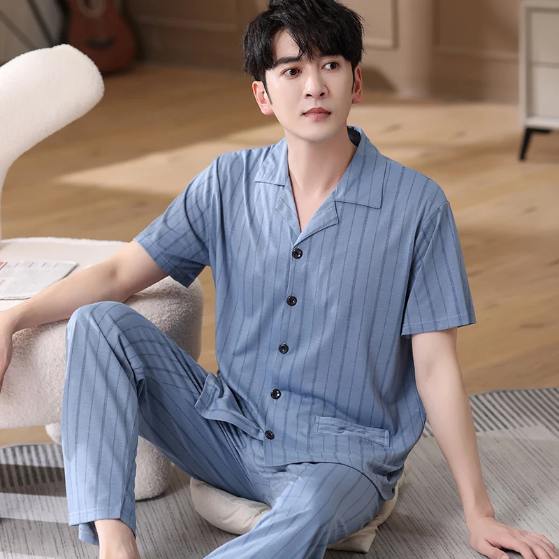 Summer Striped Pyjamas Men Print Casual Cotton Sleepwear Mens Lounge Wear Short Sleeve Tops Long Pants Cardigan Pajamas