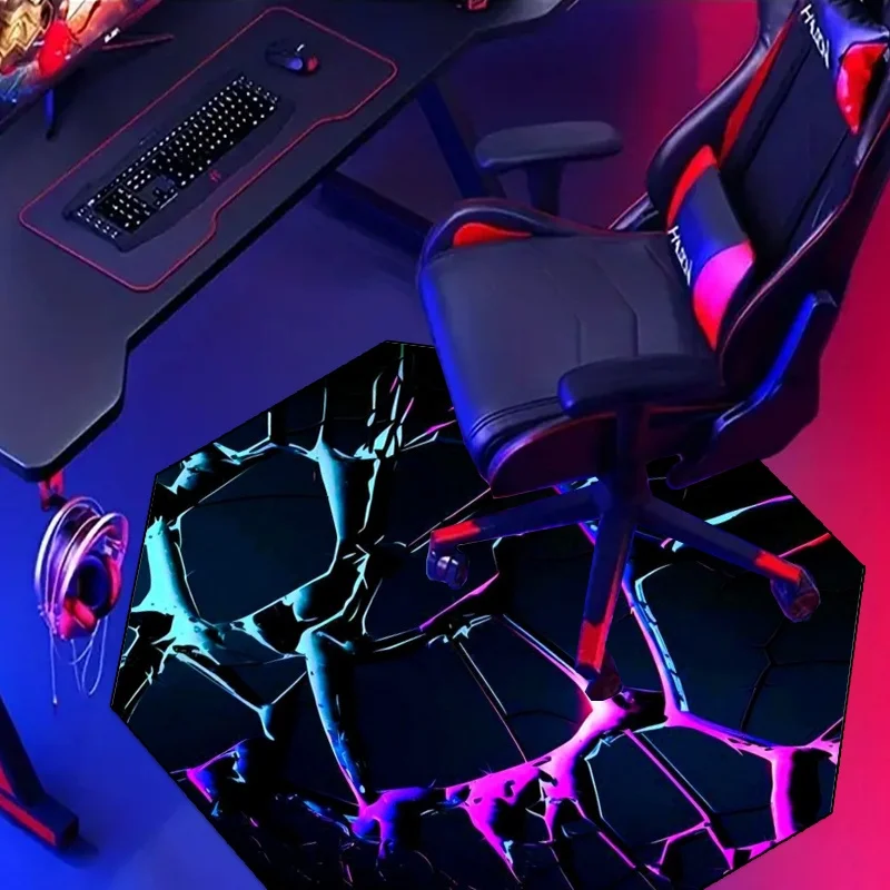 VIKAMA Neon Blue And Purple Cracked Octagonal Gaming Chair Cushion, Anti-Slip And Noise-Reducing Gaming Room Cushion, Indoor Rug