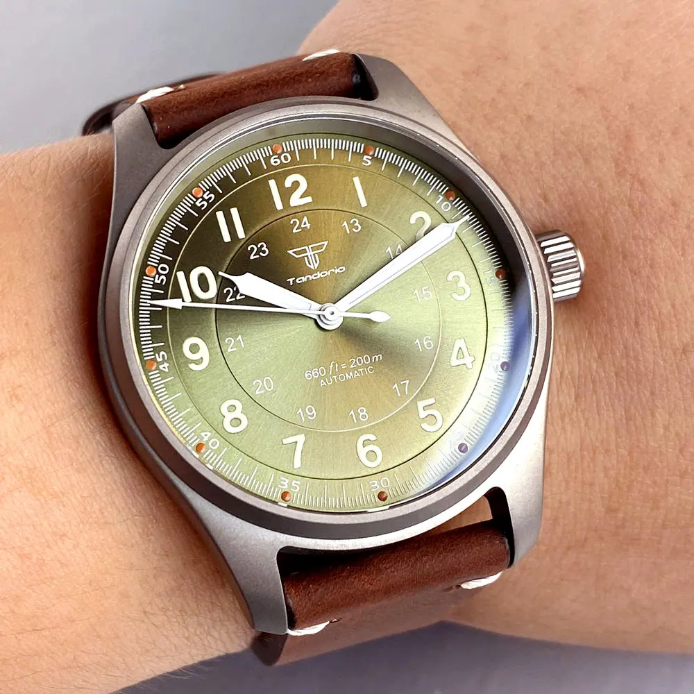 Tandorio Titanium 39mm Japan NH35A/PT5000 Automatic Watch Green Luminous Sapphire Glass 20BAR Water Resistance Pilot Men Vintage