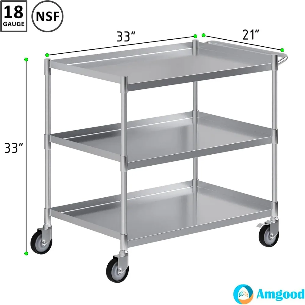 عربة أدوات من الفولاذ المقاوم للصدأ مكونة من 3 طبقات مع عجلات ومقبض، عرض 21 × 33 طول × 33 ارتفاعًا #3