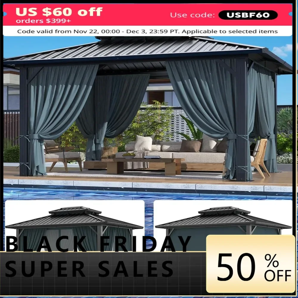 10x12ft Hardtop Gazebo  with Galvanized Steel Double Roof, Flame-Retardant Curtains and Netting, Aluminum Outdoor Pavilion