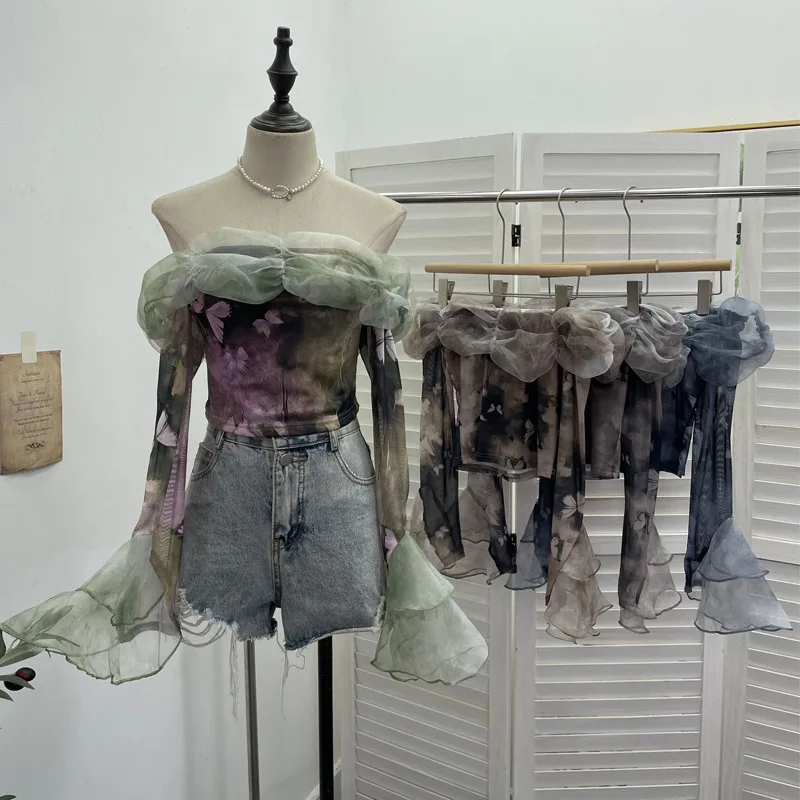 

Sexy Tie-dye Y2k Aesthetic Blouses Vintage Women Flare Sleeve Shirts 2025 Harajuku Gauze Patchwork Butterfly Printing Crop Tops