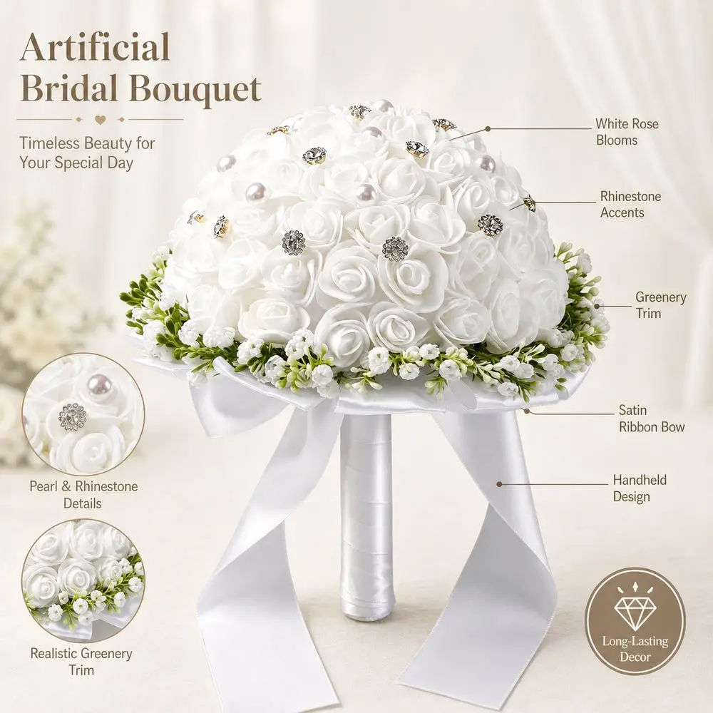 White Rose Artificial Bridal Bouquet Rhinestone Accents Greenery Trim Rose Wedding Bouquet Satin Ribbon Bow Handheld