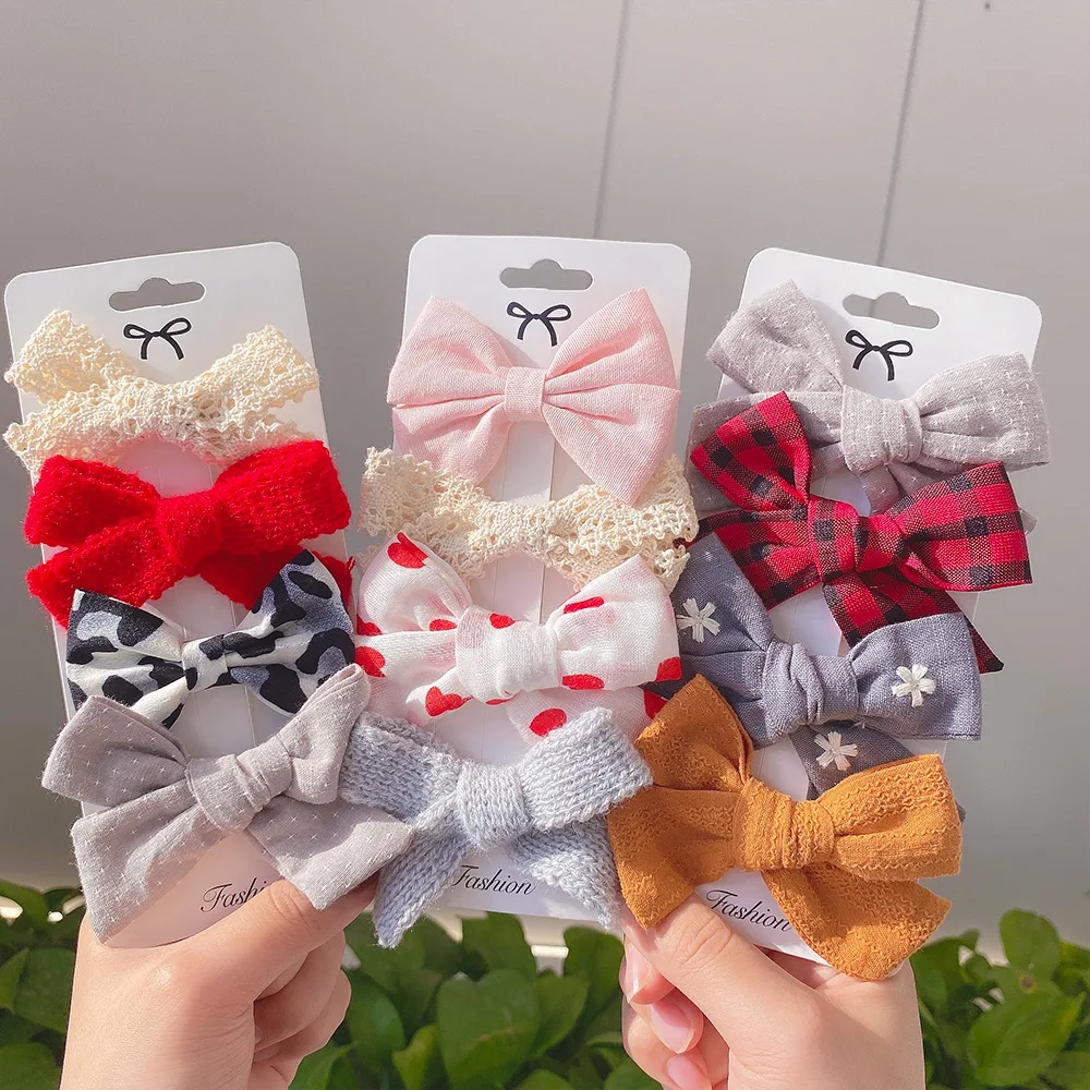 4Pcs/Set Print Soft Cotton Hairpin Cute Girls Colorful Hair Bowknot Clips Kids Solid Hair Bow Headwear Children Hair Accessories