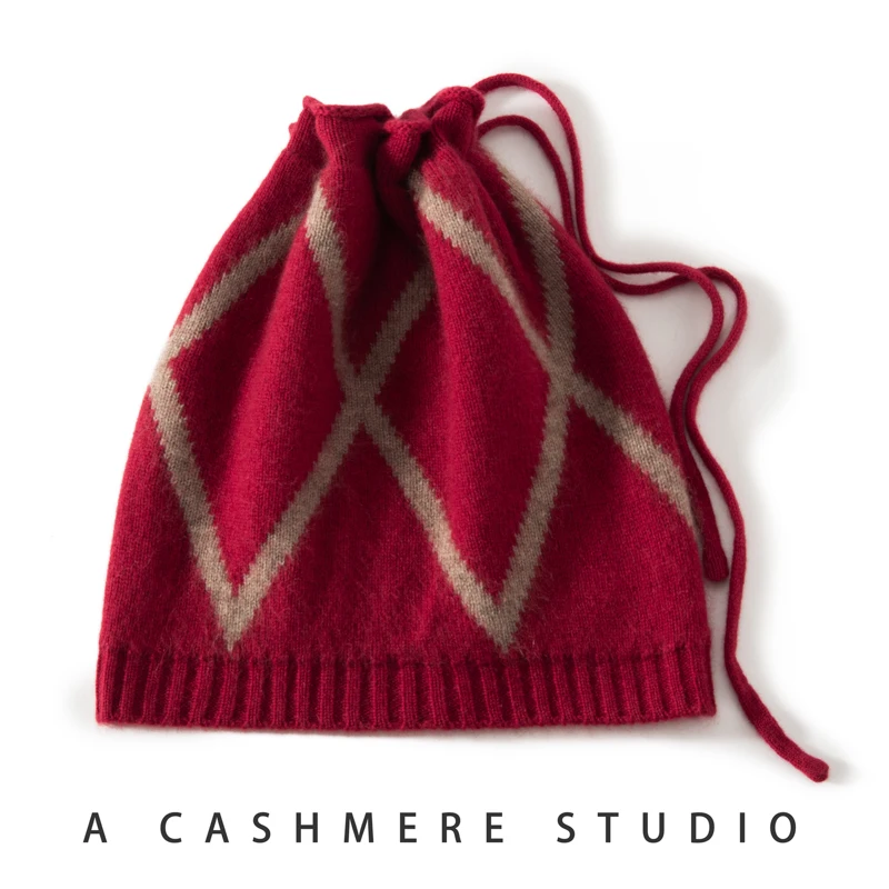 lamb-cashmere-knitted-hat-diamond-pattern-woolen-scarf-two-in-one-new-year-good-luck-unisex-warmth-winter-spring-autumn-cap