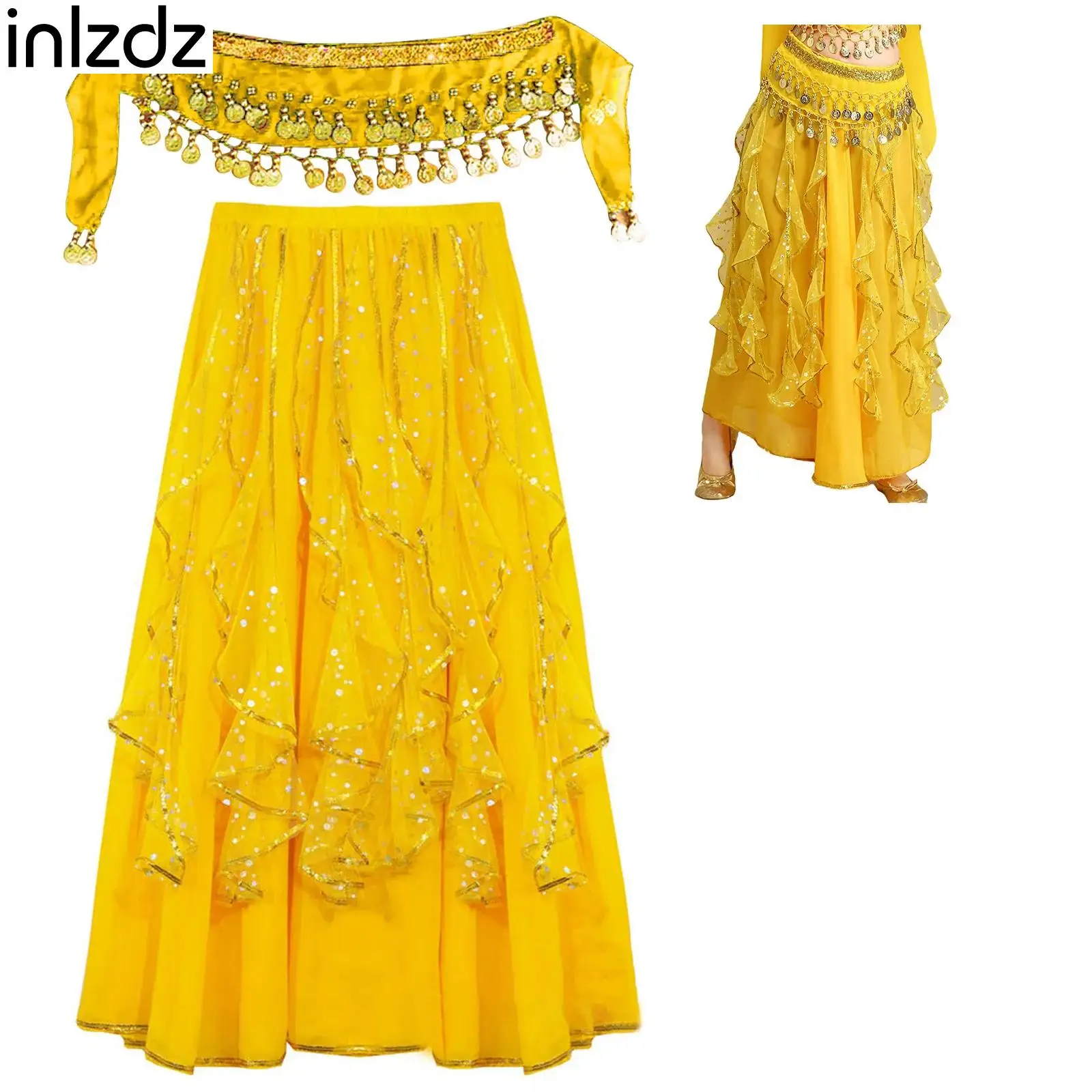 

Child Girls Belly Dance Skirt Chacha Performance Dancewear Sequins Overlay Drapes Dance Skirt for Theme Party Carnival Dress-up