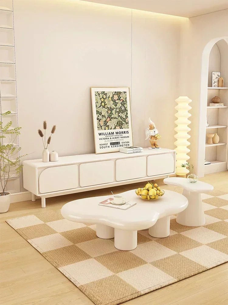 

Simple and modern small unit household living room,internet famous bedroom,cream style white coffee table,TV cabinet combination