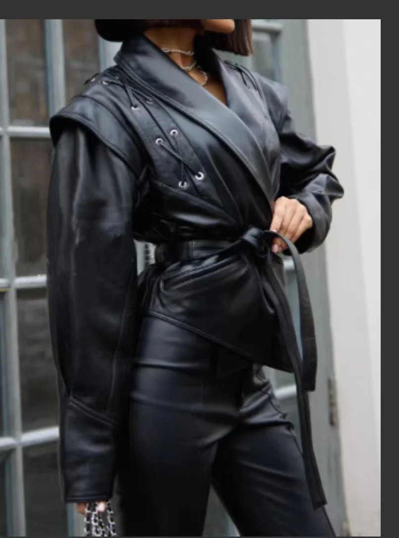 Street Style Fashionable Retro Leather Jacket Coat Turn-down Collar Belted Women's Slim Fit Long Sleeve V-neck PU Leather