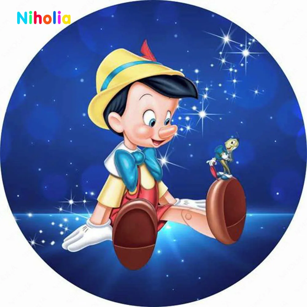 Disney Adventures Pinocchio Backdrops Round Cover For Kids Boys Birthday Party Jiminy Grandpa Carpenter Photography Background