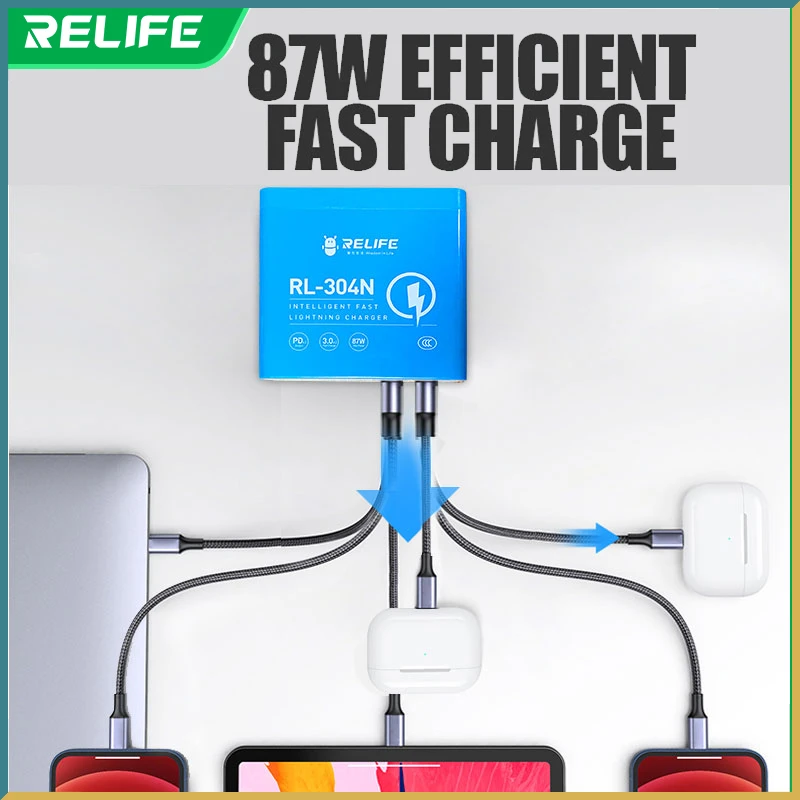 RELIFE RL-304N 87W PD+QC 3.0 LCD display Smart fast charge 6 port charger for IP/HW/VI/OP/MI/MZ/SAM digital devices charging