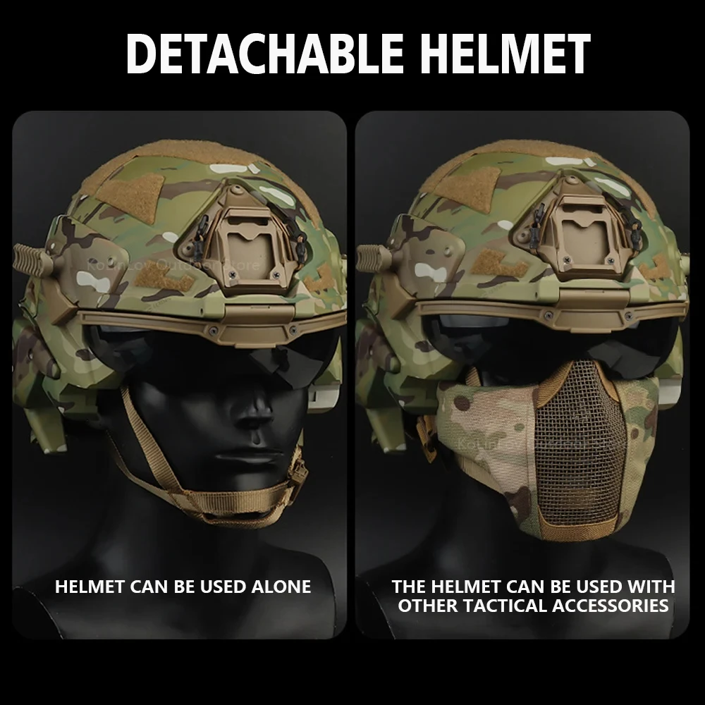 Full Face Airsoft Helmet, with Built-in Headset, Goggles, Mask, Defogging Fan, One-Piece Detachable, for Paintball Shooting CQB