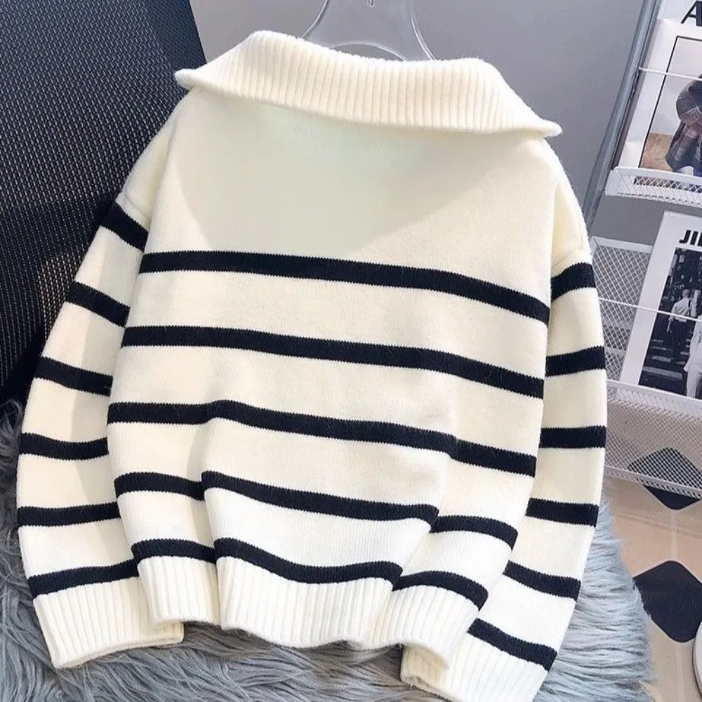 Short Length Striped Sweater Thick Knit Half Zip Design Half Zip Pullover Ribbed Collar Striped Pattern Casual Inner Wear