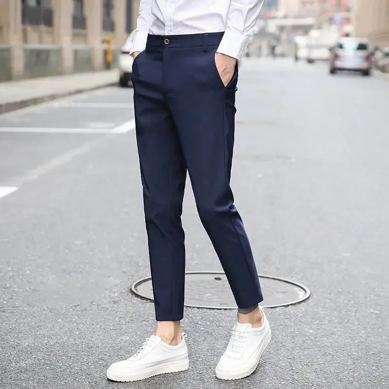 Men\'s Clothing Straight Business Casual Fashion Simplicity Solid Color Zipper Button Pockets Capable Office Temperament Pants