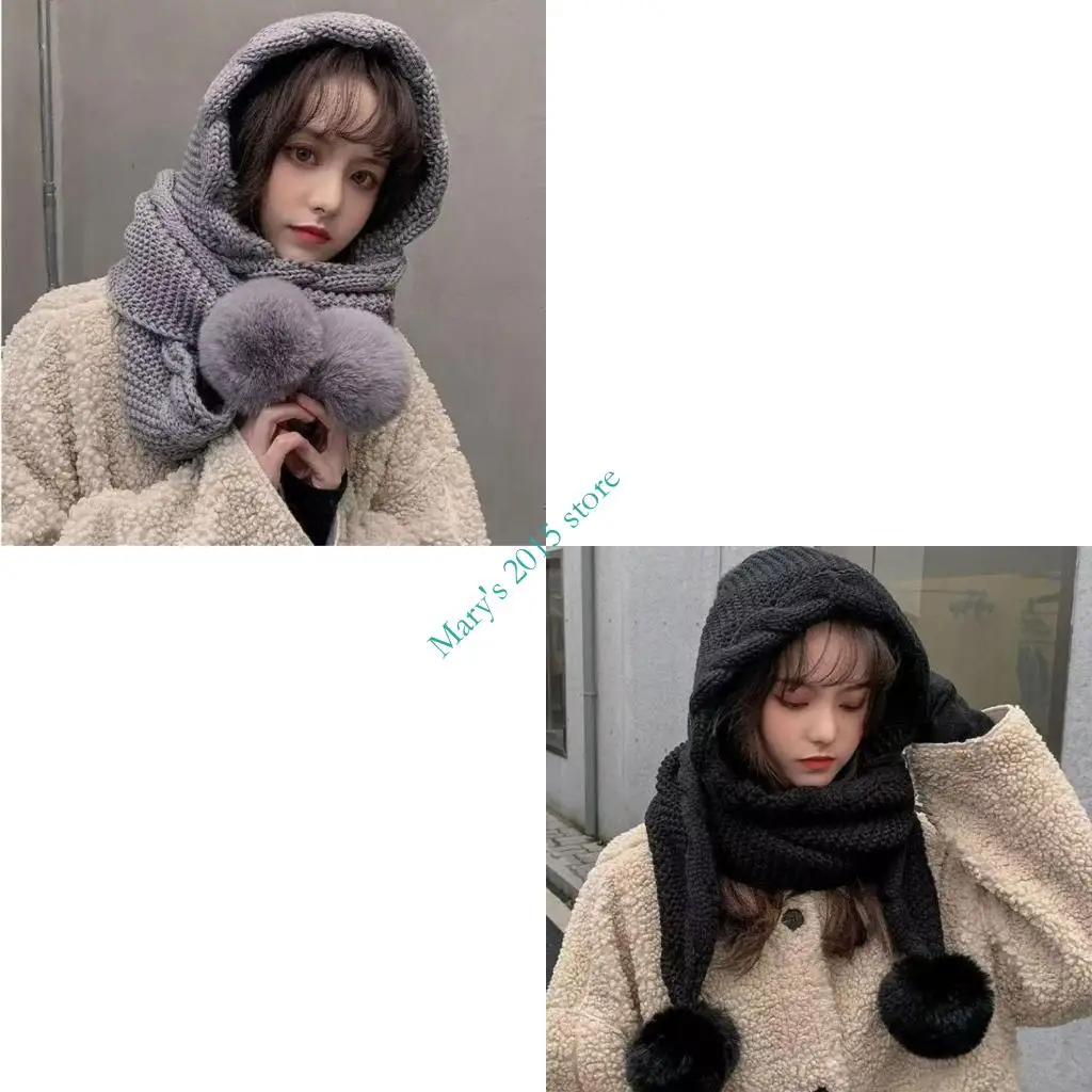 

E15F Winter Scarf Hat with Warm EarFlaps And Decorative Pompoms Ball For Women Girl