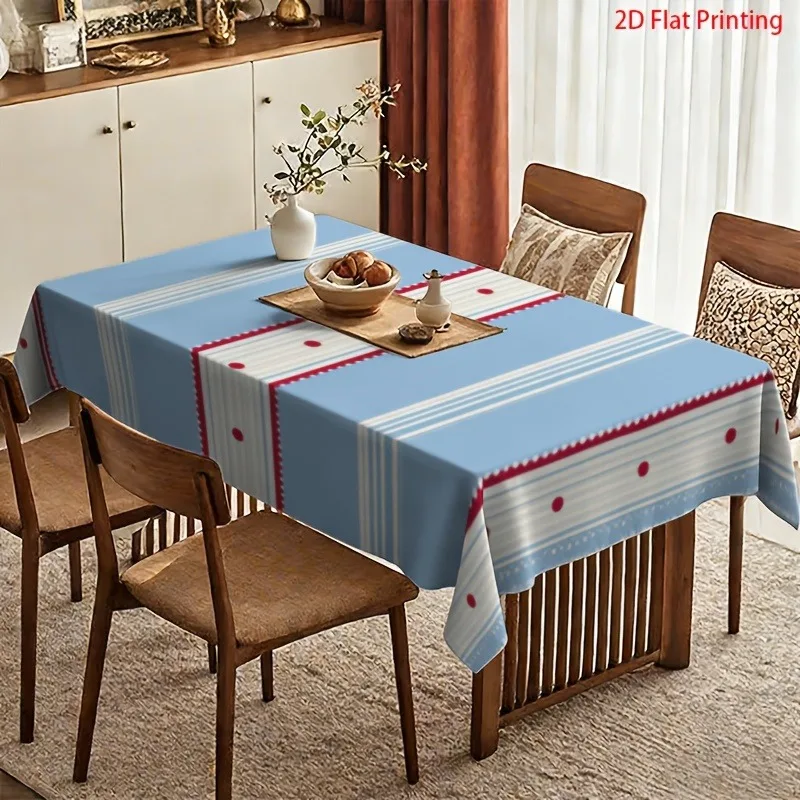 1pc Blue and white vertical stripes with red dot wave-edge tablecloth, easy to clean