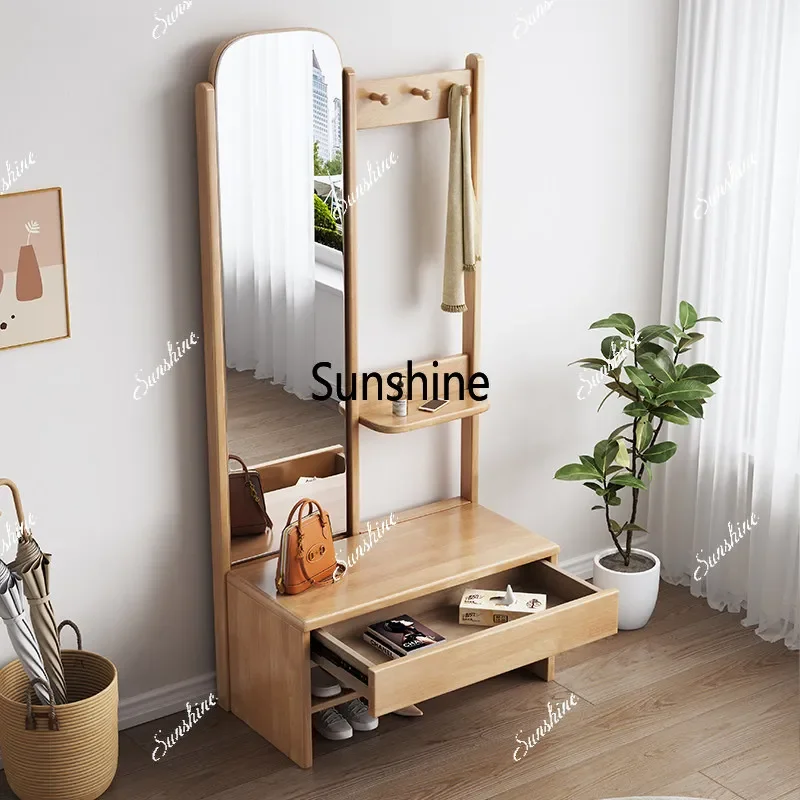 Solid wood multifunctional living room with a shoe bench and a dressing mirror integrated coat rackTJ