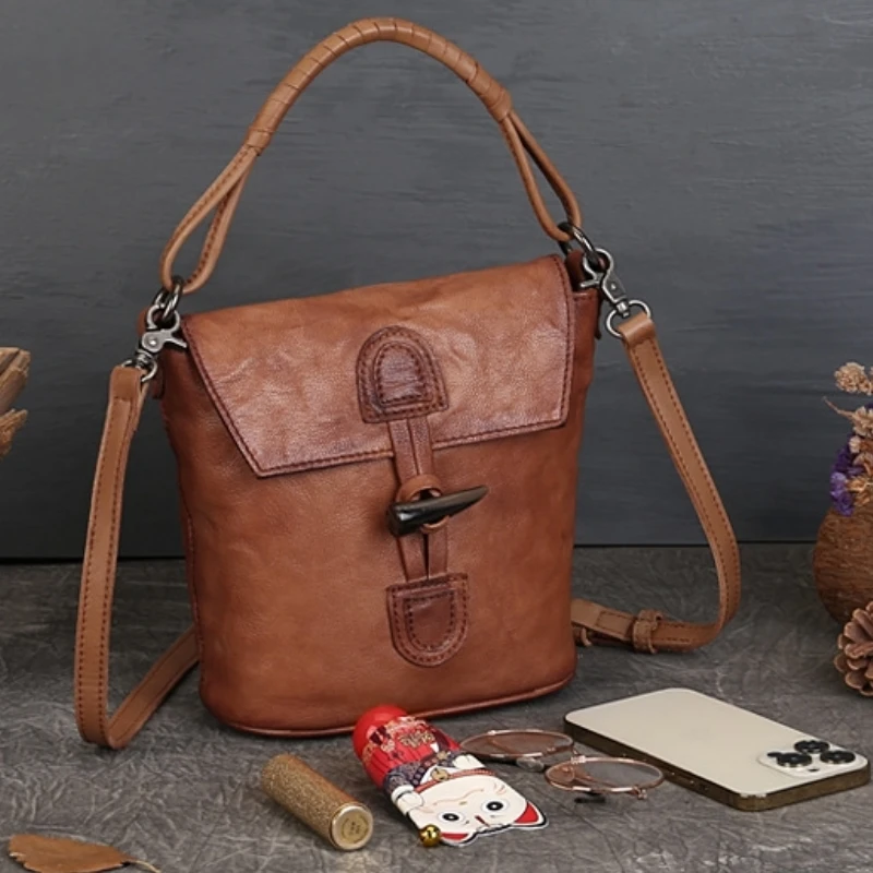 Vintage Design Women's Bucket Bag Real Leather Female Shoulder Cross Bag Ladies Handbag Phone Key Pack Bolso Travel Totes Bag