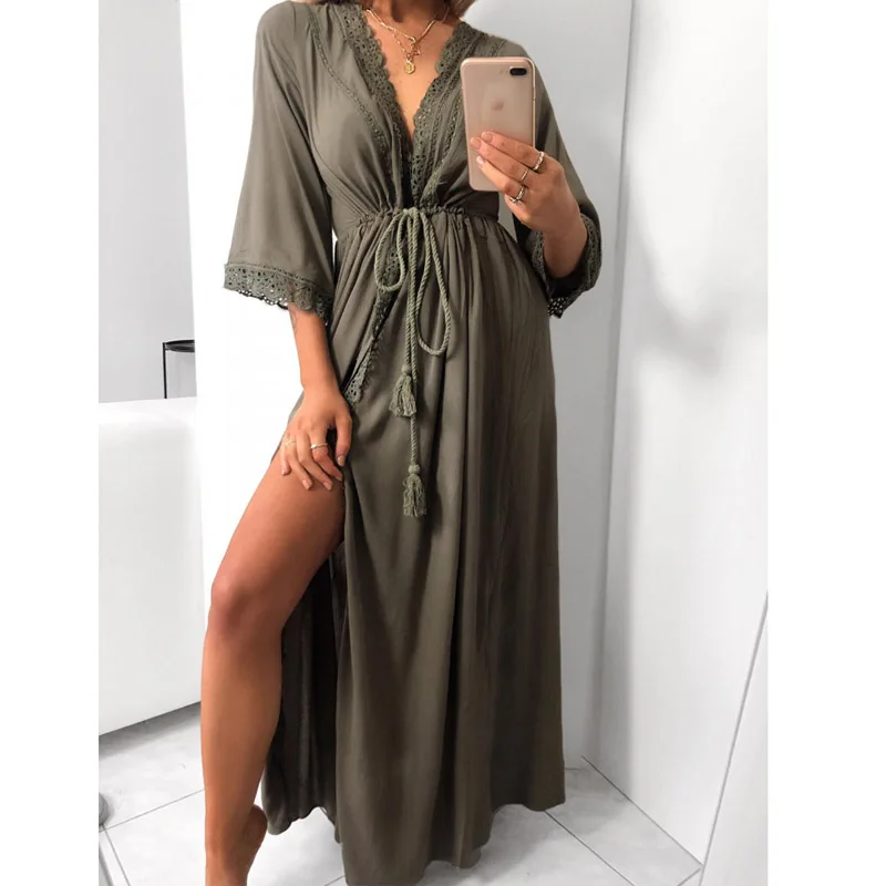 Sanderala Womens Long Robe Homewear Soft Hollow Lace Tie Up Waist Slim Casual Long Loose Robedress Maxi V Neck Bathdress Festa