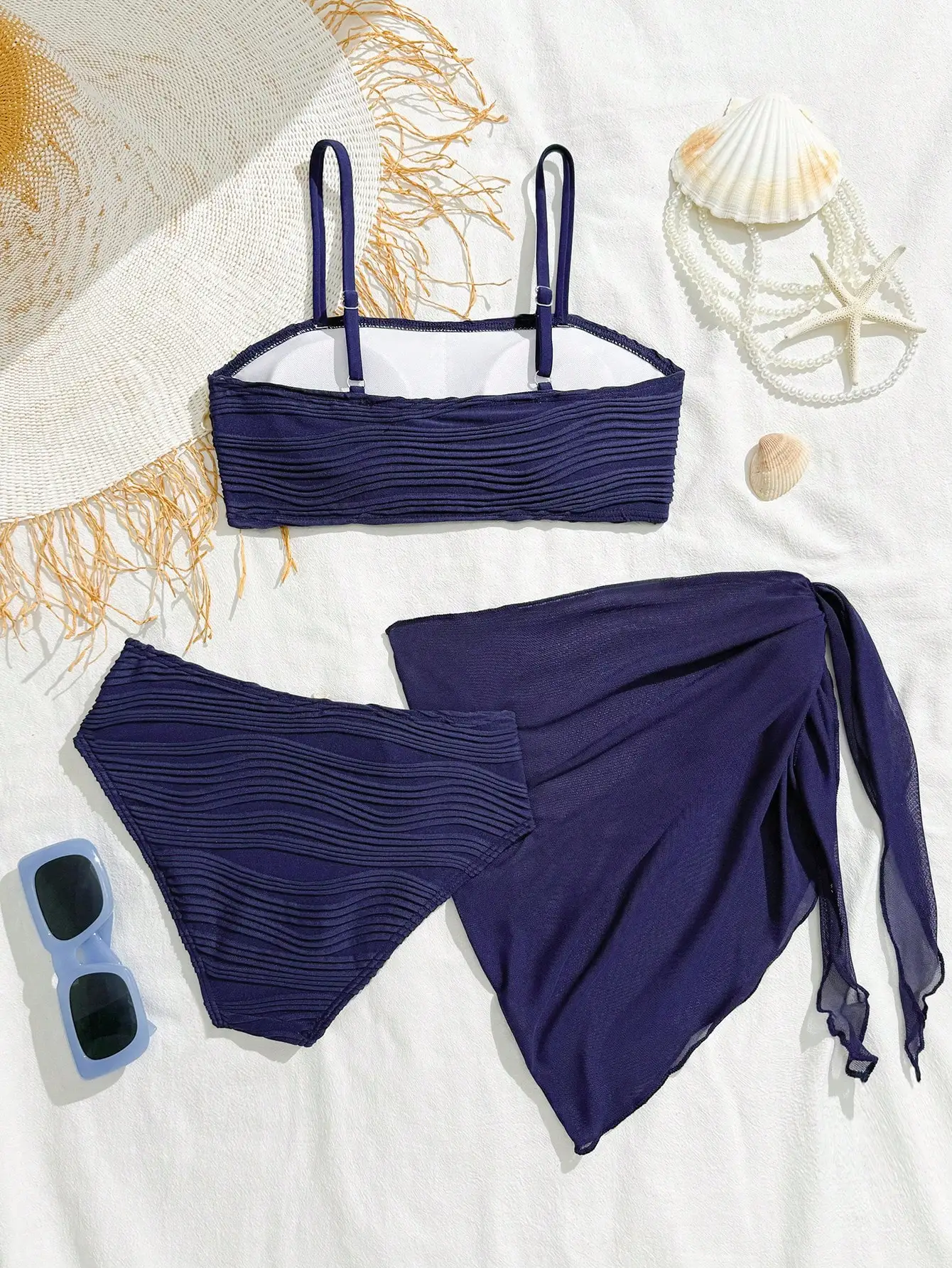

Navy Blue Wavy Knitted Bikini Set With Shell Starfish Trim Three Piece Beachwear