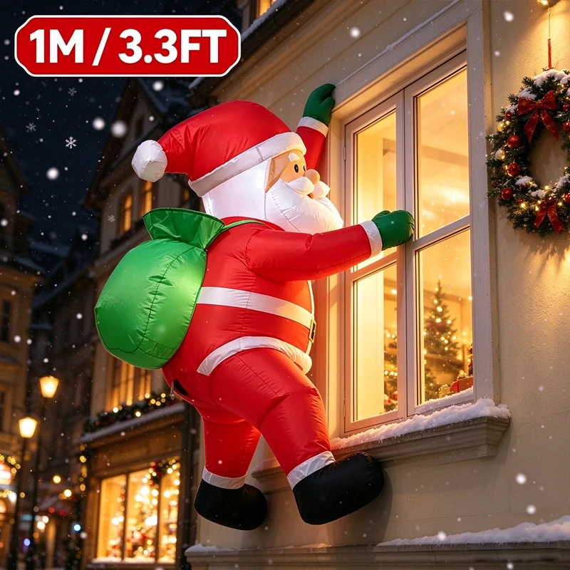 3.3FT Christmas Inflatable Climbing Window Santa Claus, Blow Up Santa with Green Gift Bag, Outdoor House Yard Lawn Xmas Holiday