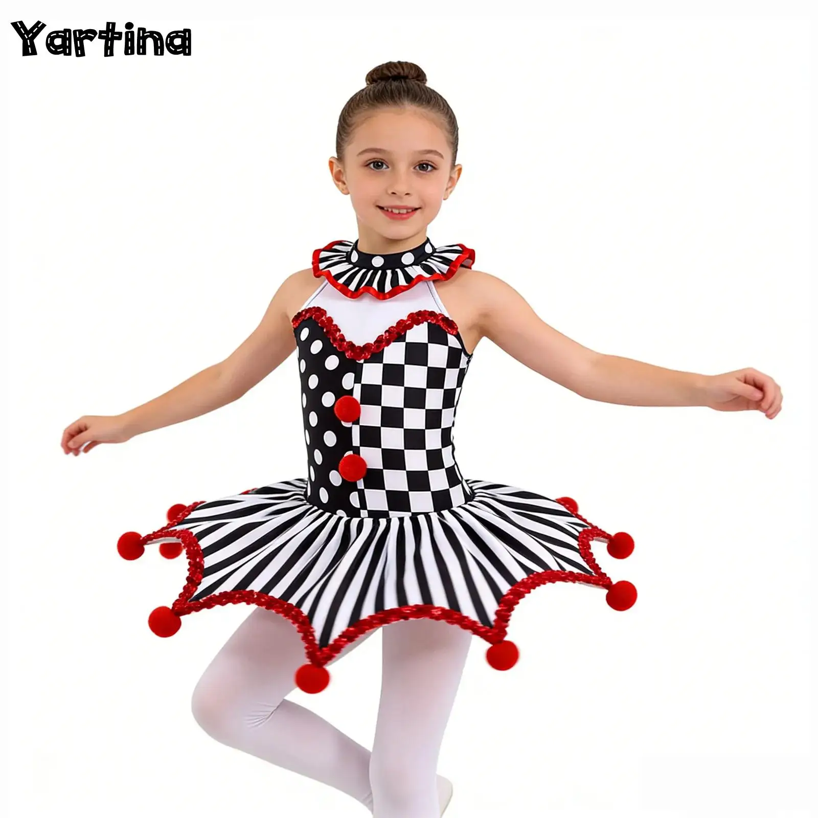 

Kids Girls Ballet Leotard Circus Performance Outfits Clown Costume Plaid Polka Dots Stripes Print Sequins Pompoms Adorned Dress