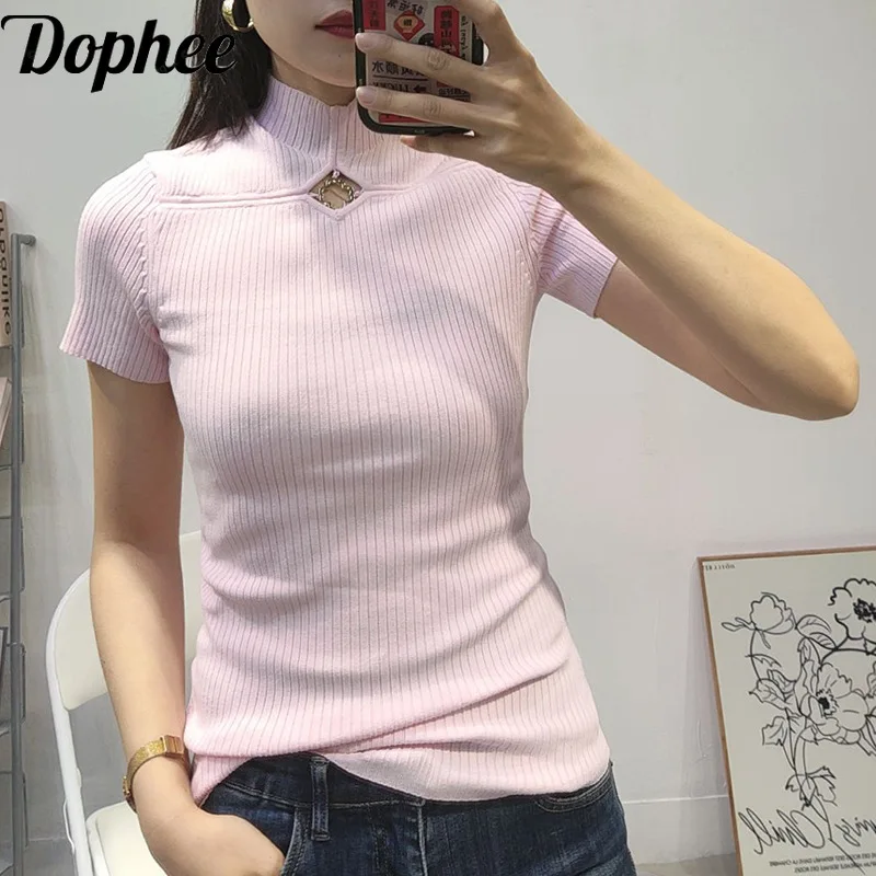 

High Quality Age Reduction Pink Short Sleeve T-shirt Elegant Summer Knitting Top All-match High Collar Hollow Out Pullover Tops