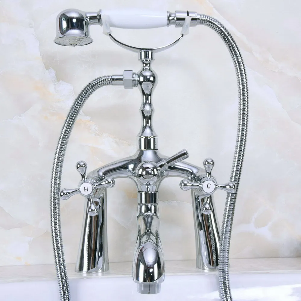 

Chrome Bathroom Clawfoot Tub Faucet Mixer Tap w/ Handshower Cross Handles - Deck Mount Lna121