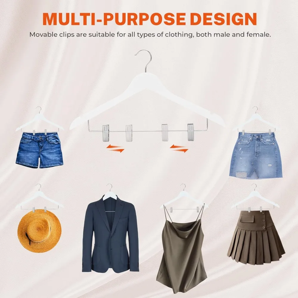 

Wooden Hangers with Clips 24 Pack, Heavy Duty White Wood Pants Hanger, Premium Skirt Hanger with Adjustable Clips