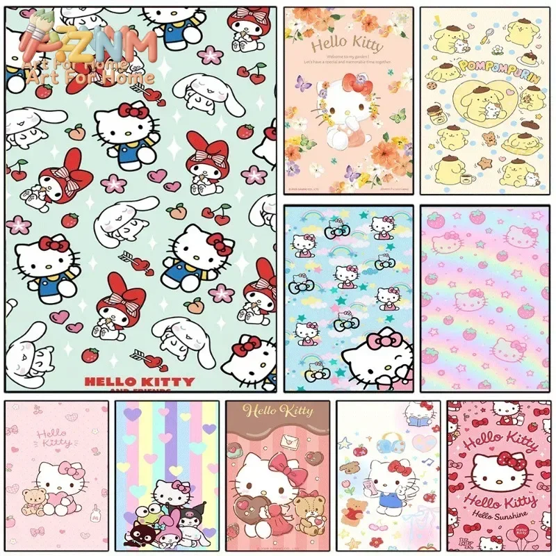 AZNM Sanrio Hello Kitty My Melody Cinnamoroll Pompompurin Canvas Poster Cute Cartoon Unframed Wall Art for Girls Room Decor