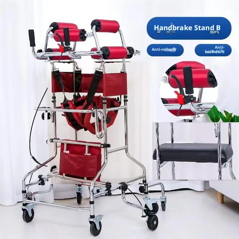 8-Wheel Adult Rehabilitation Walking Aid - Standing Frame Walking Assist for Elderly Individuals with Hemiplegia (Red Model)