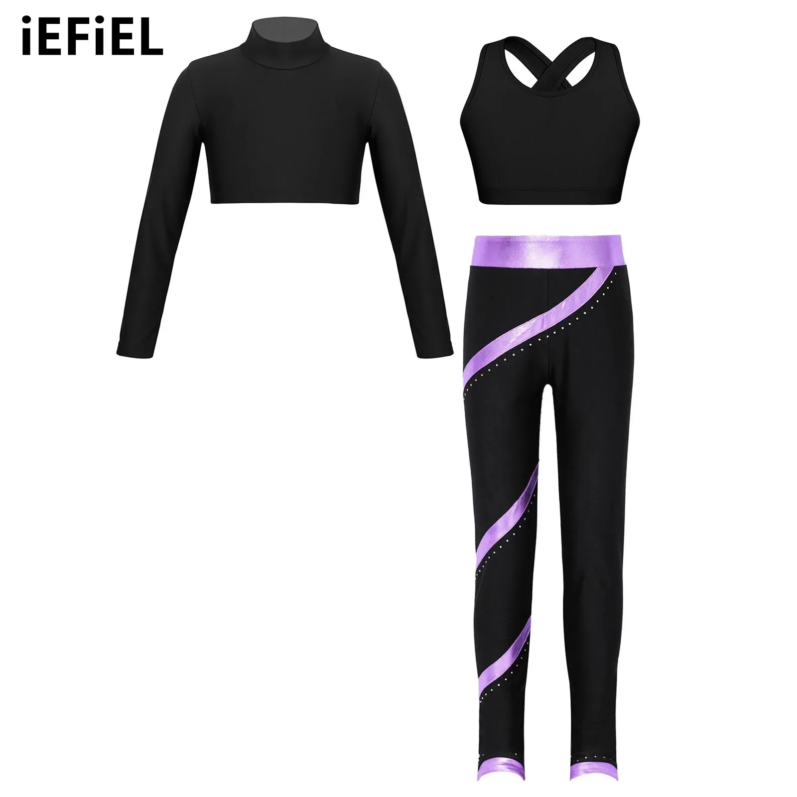 Kids Girls Sports Suit Long Sleeves T-shirt U Neck Cross Back Vest Shiny Rhinestones Metallic Striped Pants for Dance Workout