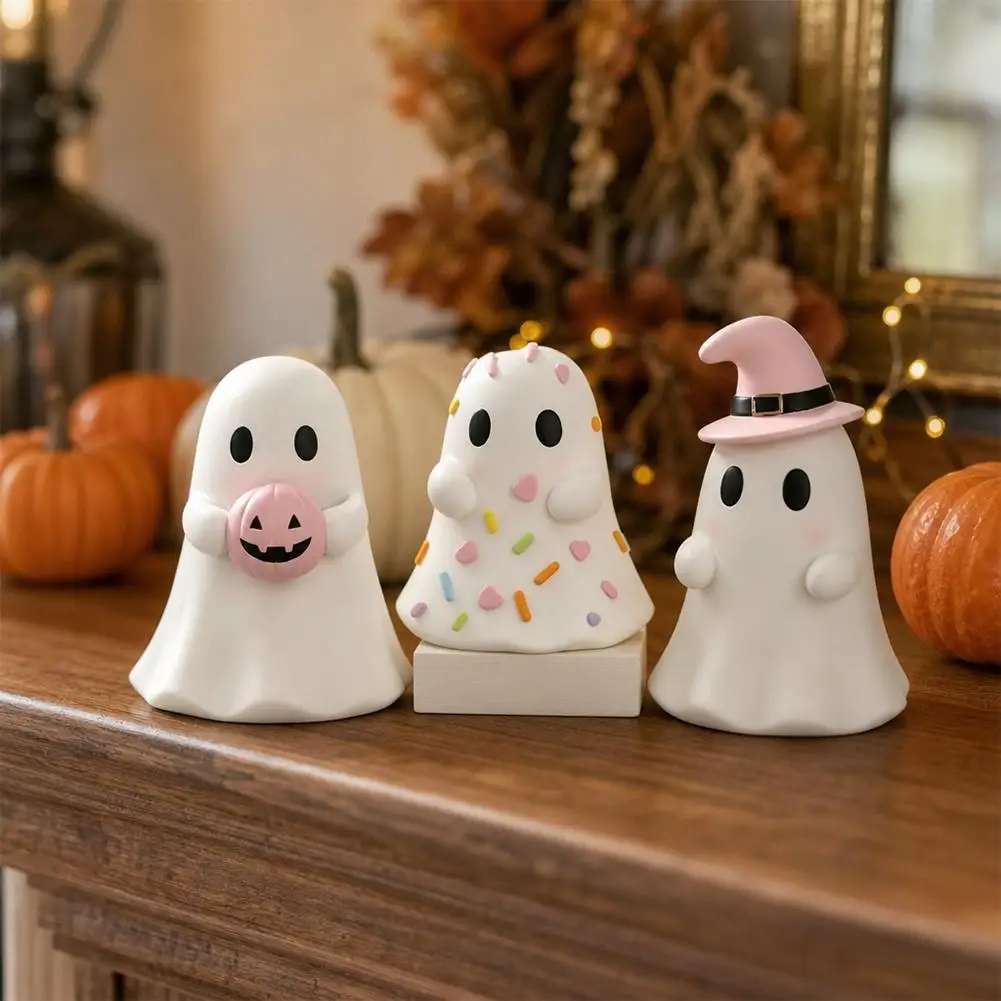 3PCS Cute Halloween Ghost Ornament Set Kawaii Pastel Halloween Decor Ghost Figurines Halloween Resin Statue Halloween Gifts