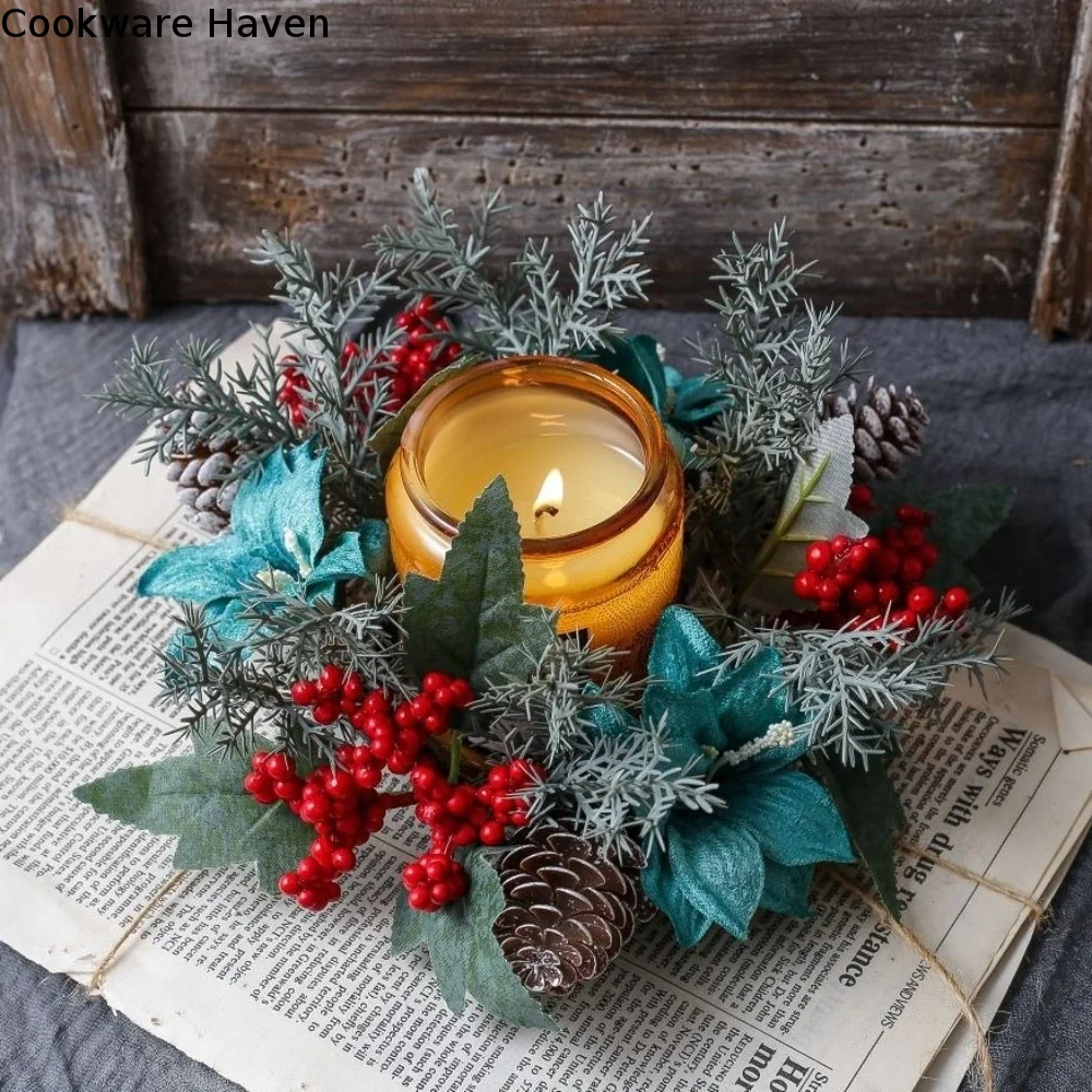 Artificial Pine Needle Christmas Candle Ring Red Berry Plastic Pillar Candle Garland Elegant Durable Table Centerpiece